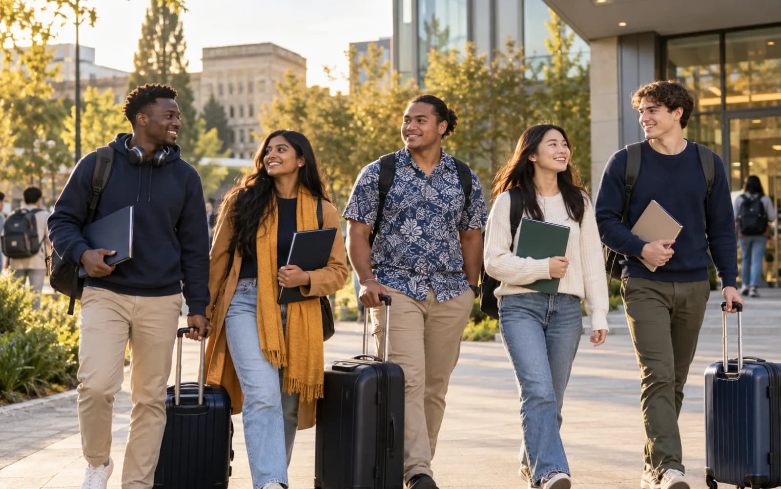 Diverse international students arriving at a university campus with their luggage