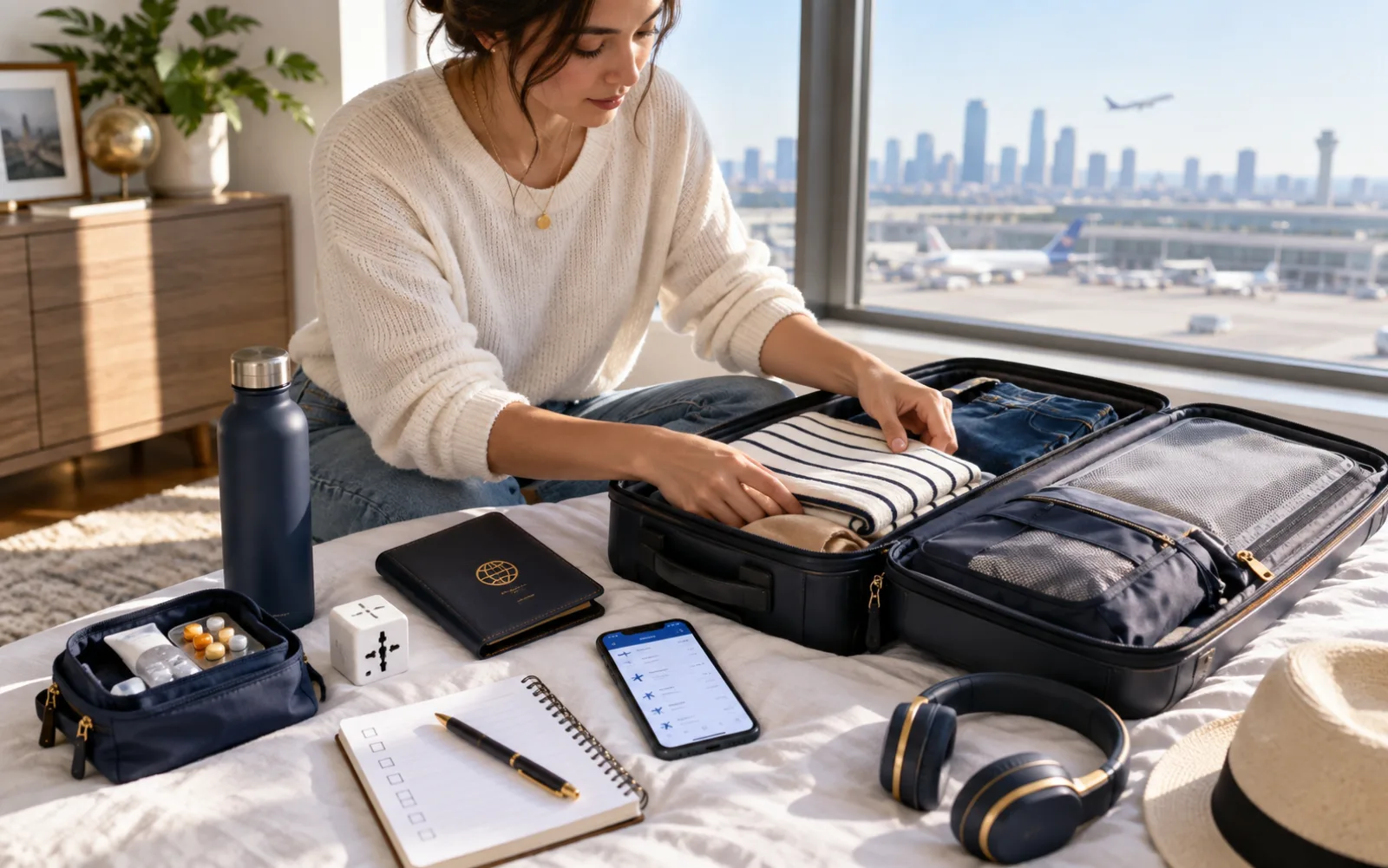 Traveler packing a suitcase with passport, adapter, medication and an international trip checklist