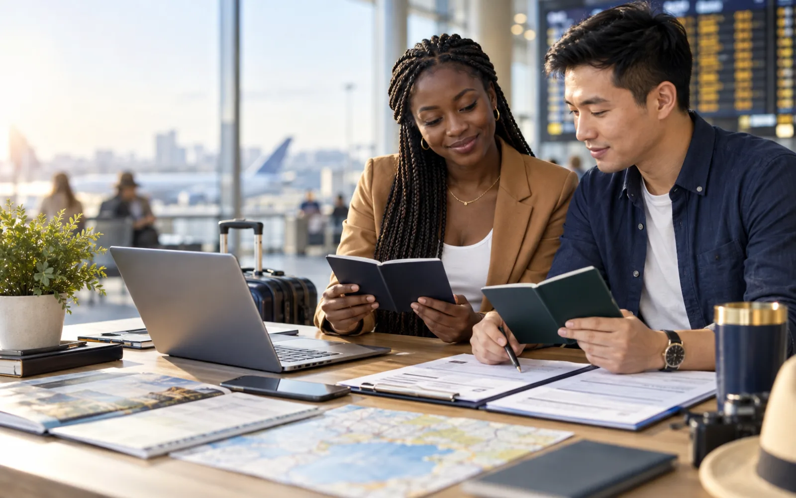 International travelers reviewing passports and visa application documents before departure