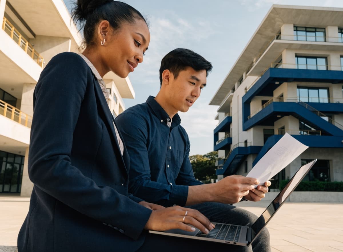 Pacific Islander and Asian students reviewing scholarship information at an international campus