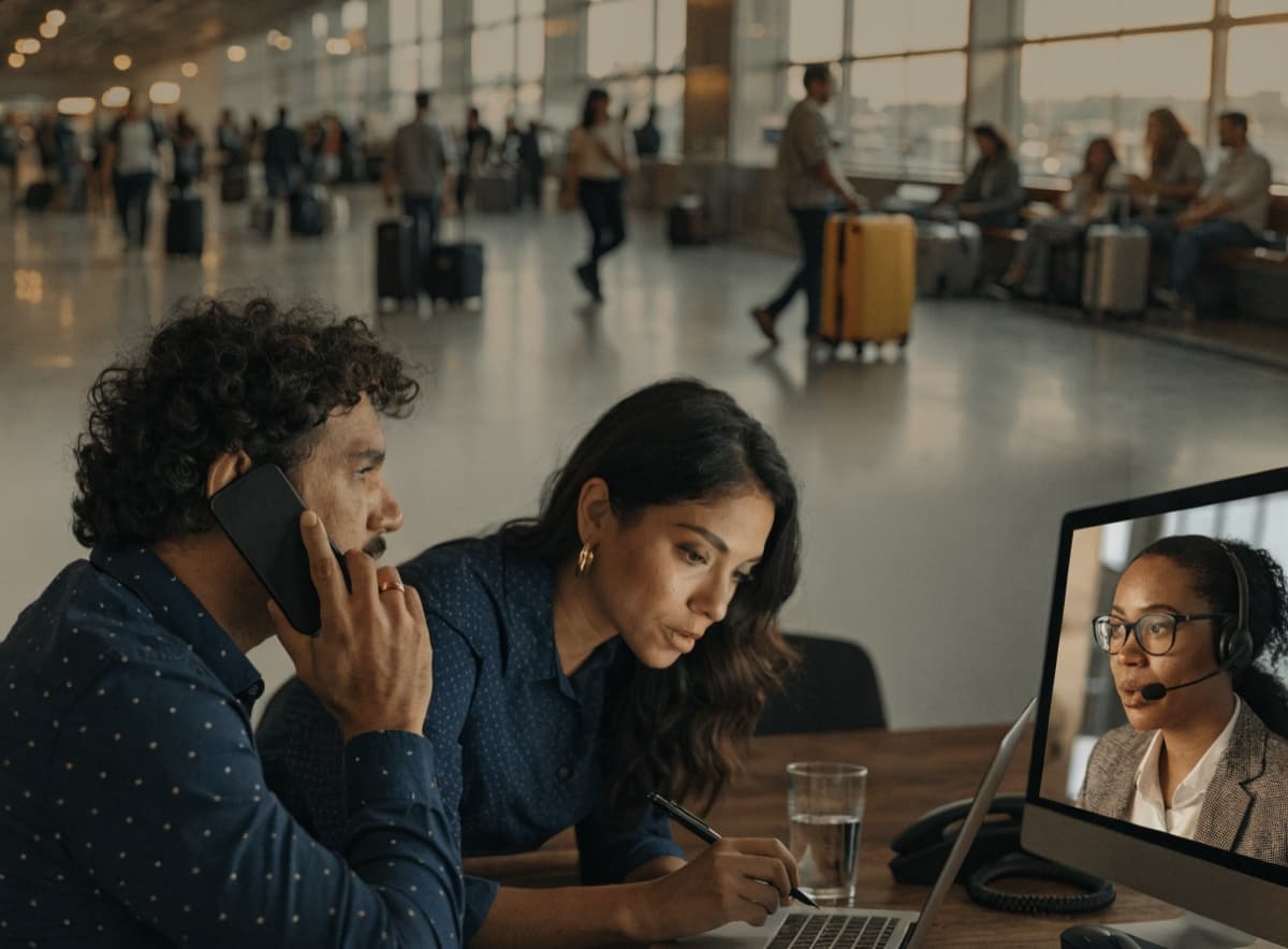 Travelers discussing an international journey with a professional adviser